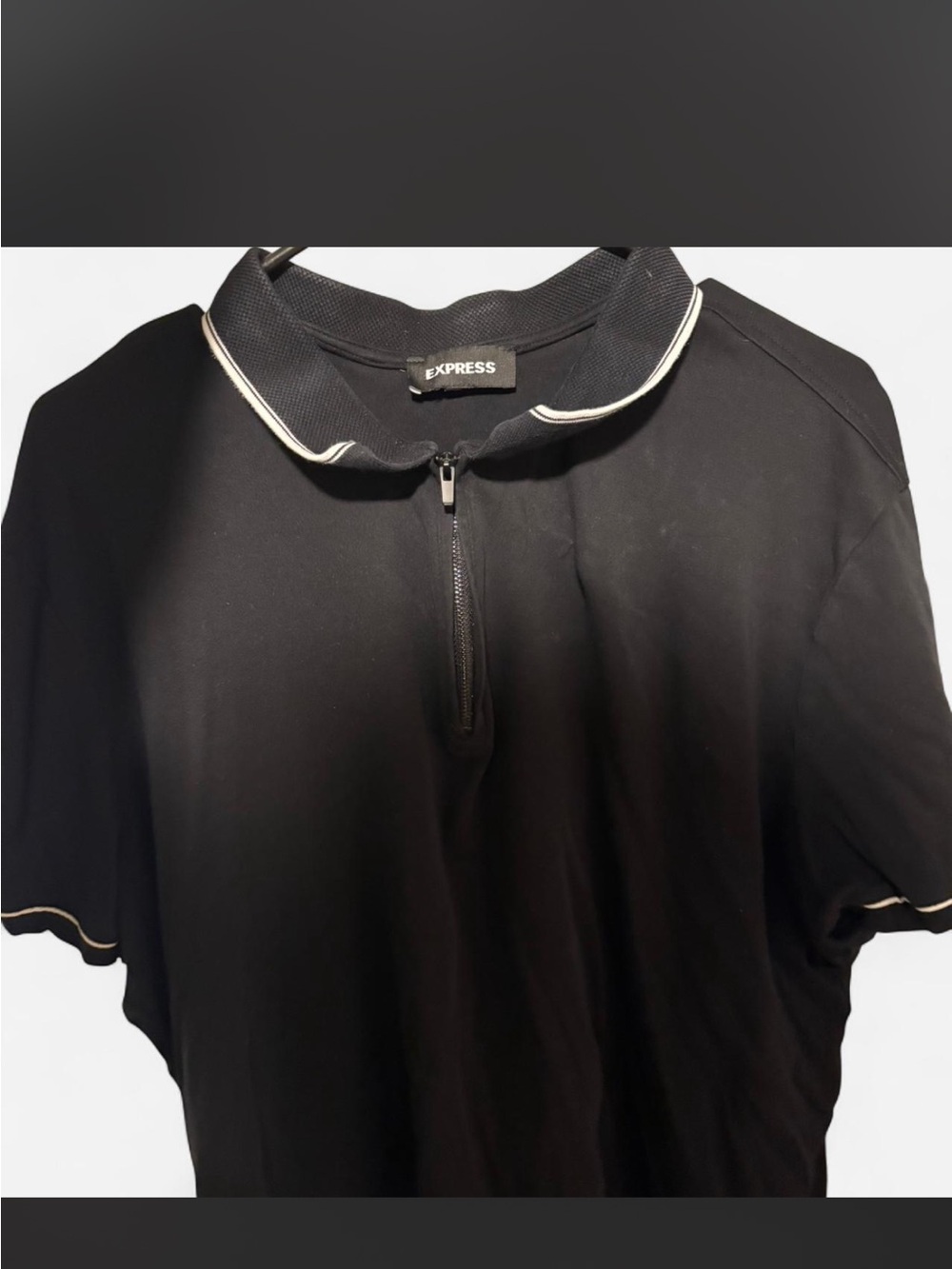 Express Black Short Sleeve Polo Shirt with Cream Trim and Zip